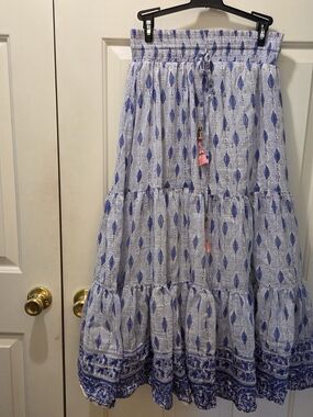 Smocked Waist Blue Printed Tiered Maxi Skirt